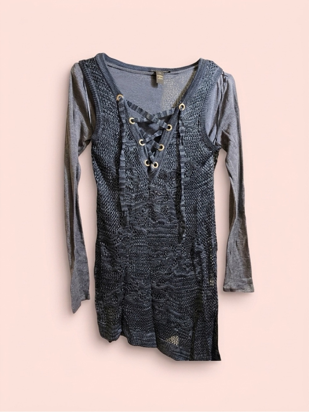 INC International Concepts Metallic Navy and Light Blue Lace-Up Knit Top NWT